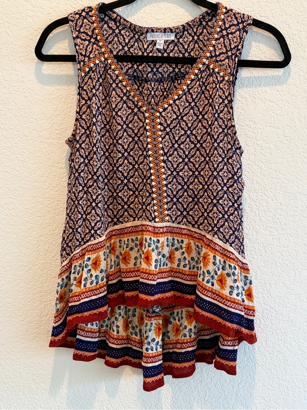 Patrons of Peace Navy and Rust Patterned Sleeveless Tank Top